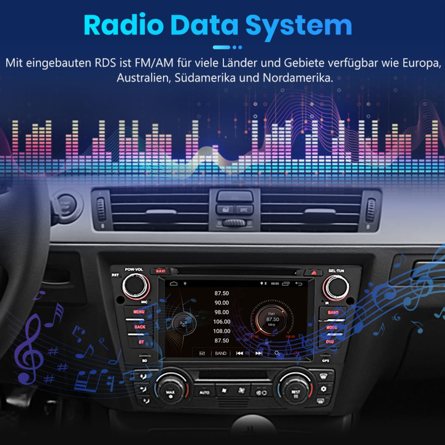 Armaturenbrett eines Autos mit einem Radio-Display und visuellen Equalizer-Balken.