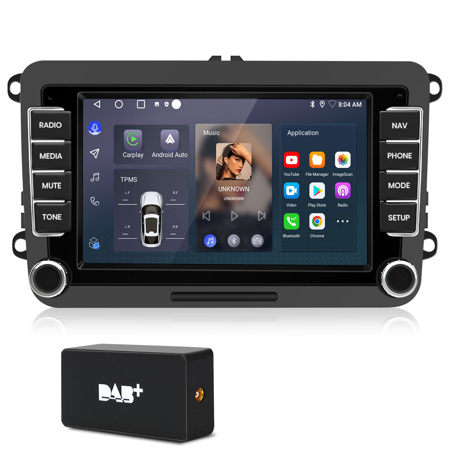 Autoradio mit Touchscreen, Tasten für Radio, Medien, Stumm, Ton, Navigation, Telefon, Modus, Setup. Unten eine DAB+-Box.