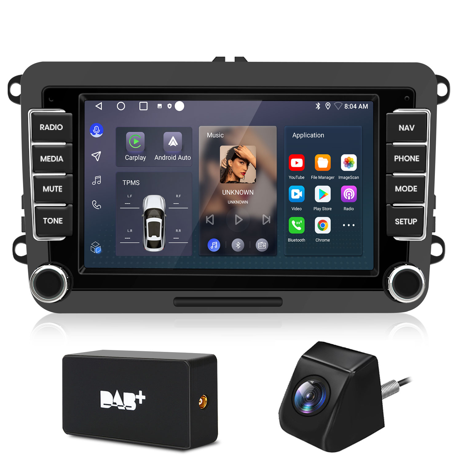 Ein Autoradio mit Touchscreen, DAB+-Box und Rückfahrkamera.