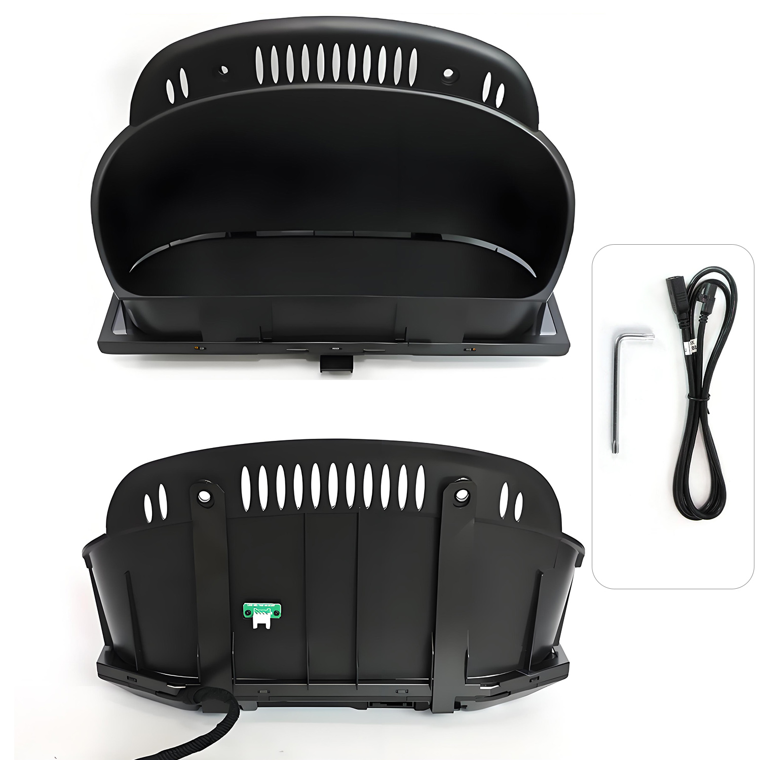 Ein schwarzes Armaturenbrett-Display mit Zubehör: Kabel und Werkzeug.