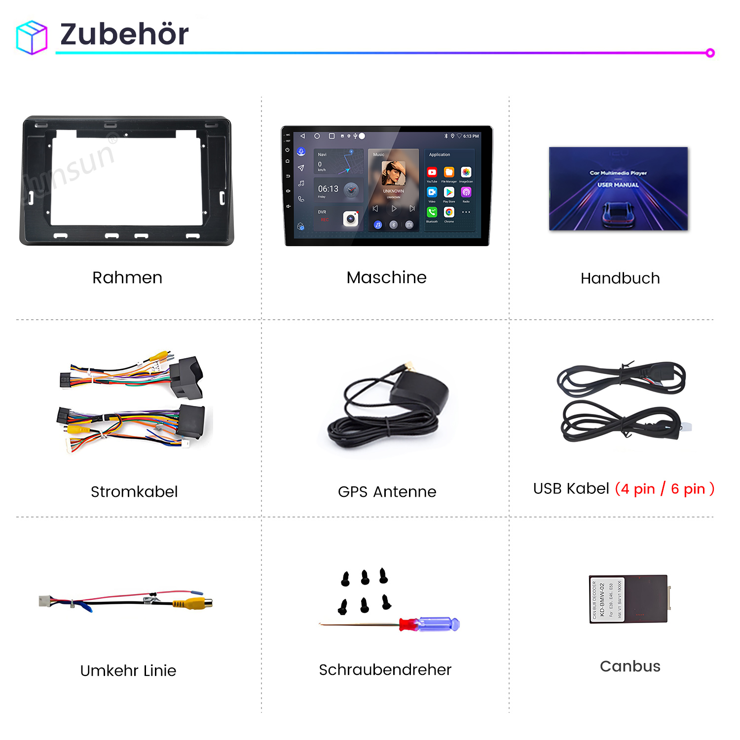 Zubehör: Rahmen, Bildschirm, Handbuch, Stromkabel, GPS Antenne, USB Kabel, Umkehr Linie, Schraubendreher, Canbus.