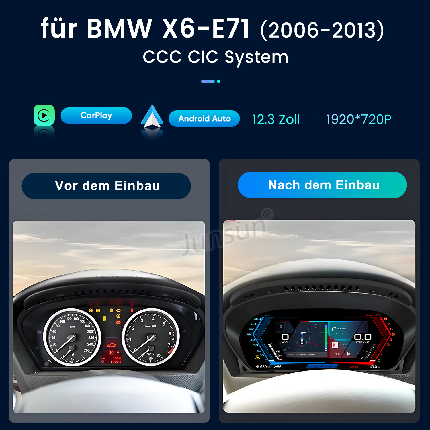 Vergleich Armaturenbrett BMW X6 E71: Vor und nach Einbau eines neuen Systems.