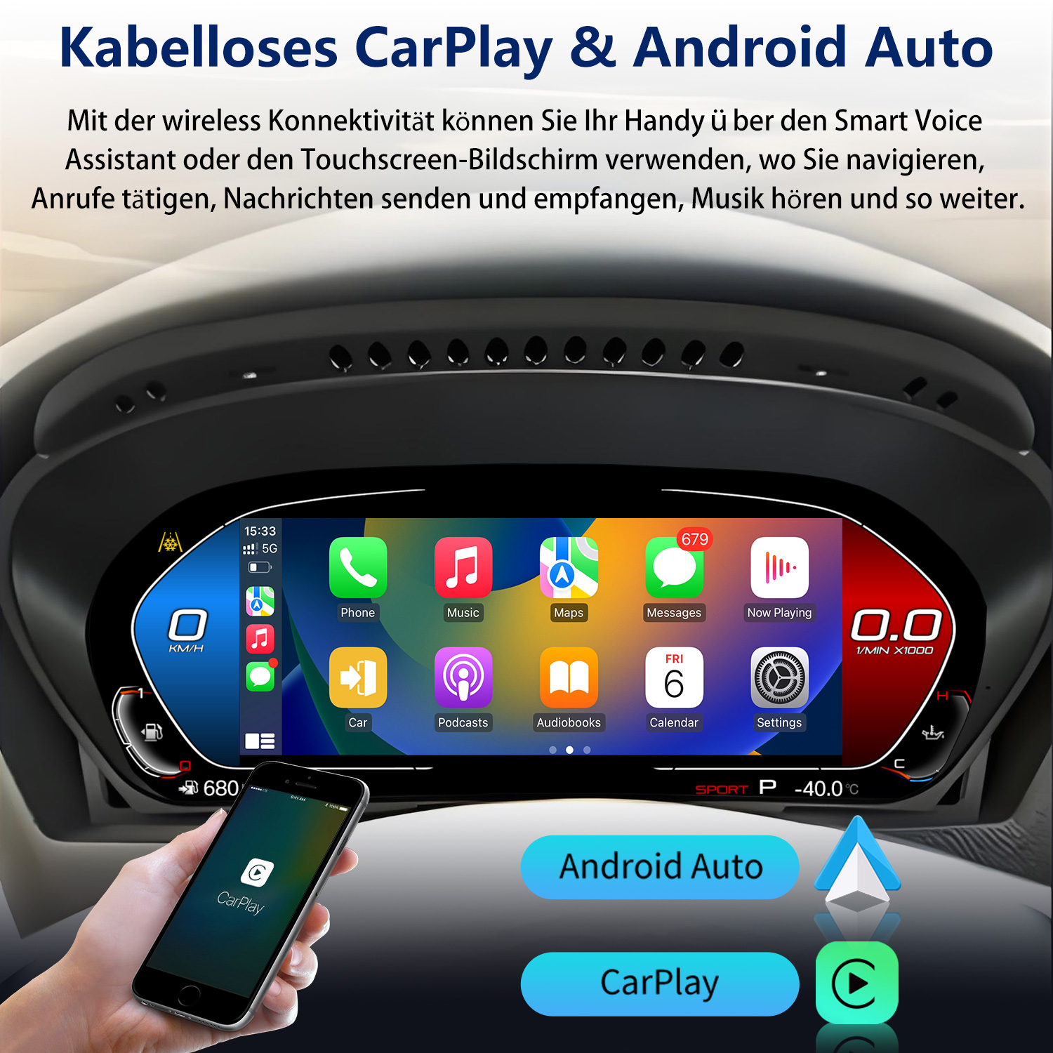 Ein Auto-Infotainment-Bildschirm zeigt Apps wie Telefon, Musik, Karten und Kalender an.
