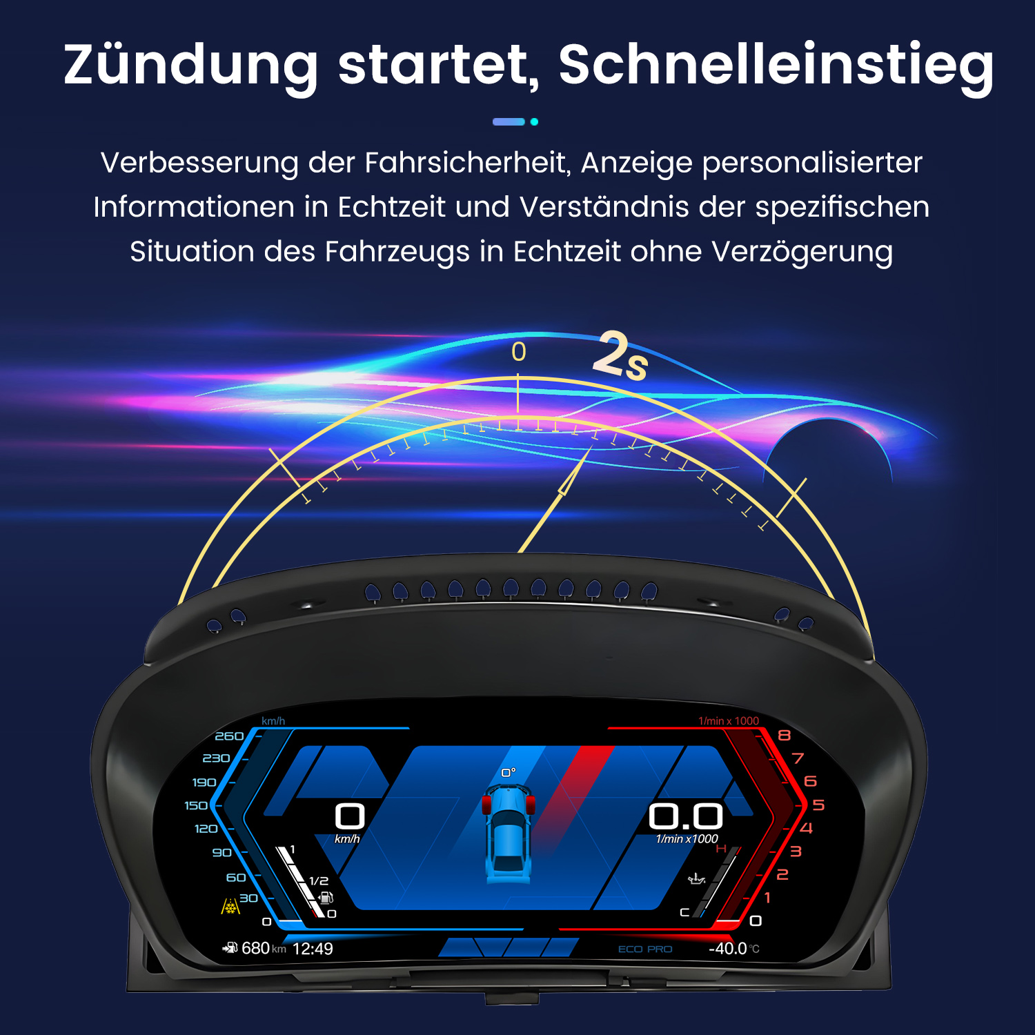 Digitaler Tacho mit blauen und roten Anzeigen, 0-260 km/h, 0-8 RPM.