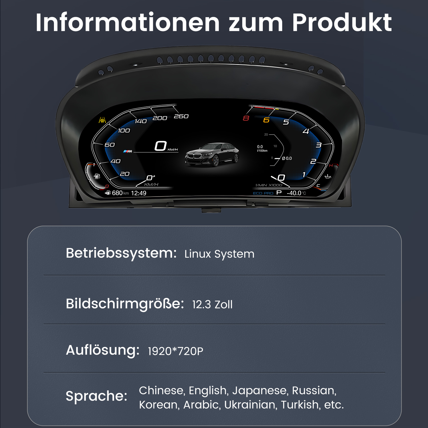 Digitales Cockpit mit Tachometer, Drehzahlmesser und Auto-Bild.