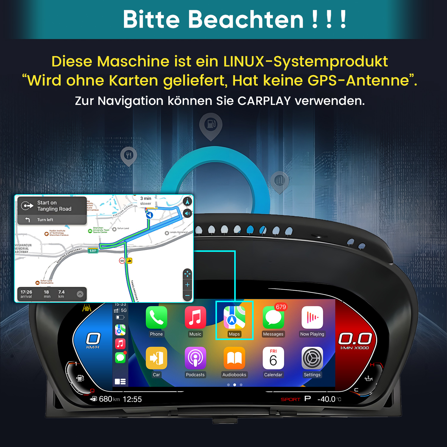 Armaturenbrett mit Navigationskarte und App-Symbolen. Warnhinweis auf Deutsch.