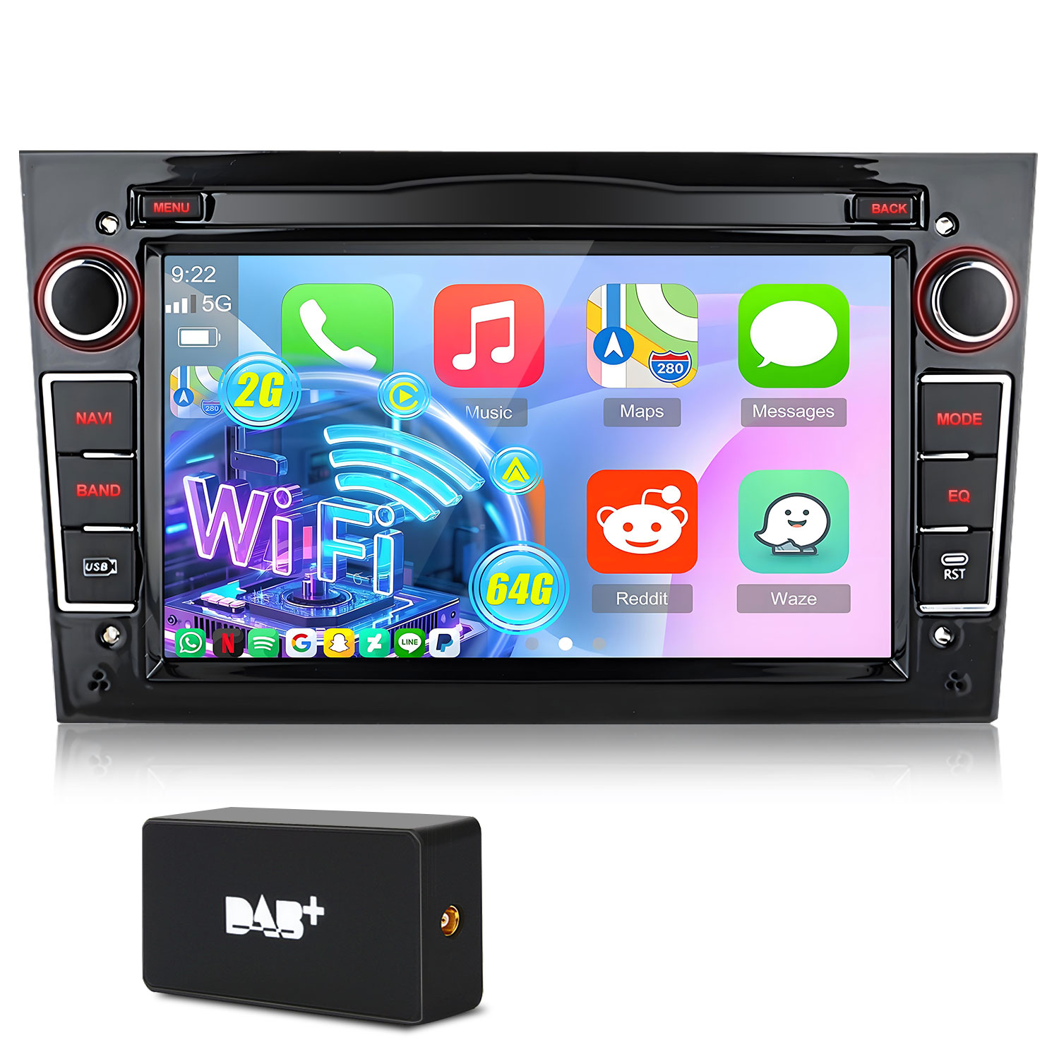 Ein Autoradio-Infotainmentsystem mit Touchscreen und DAB+-Empfänger.