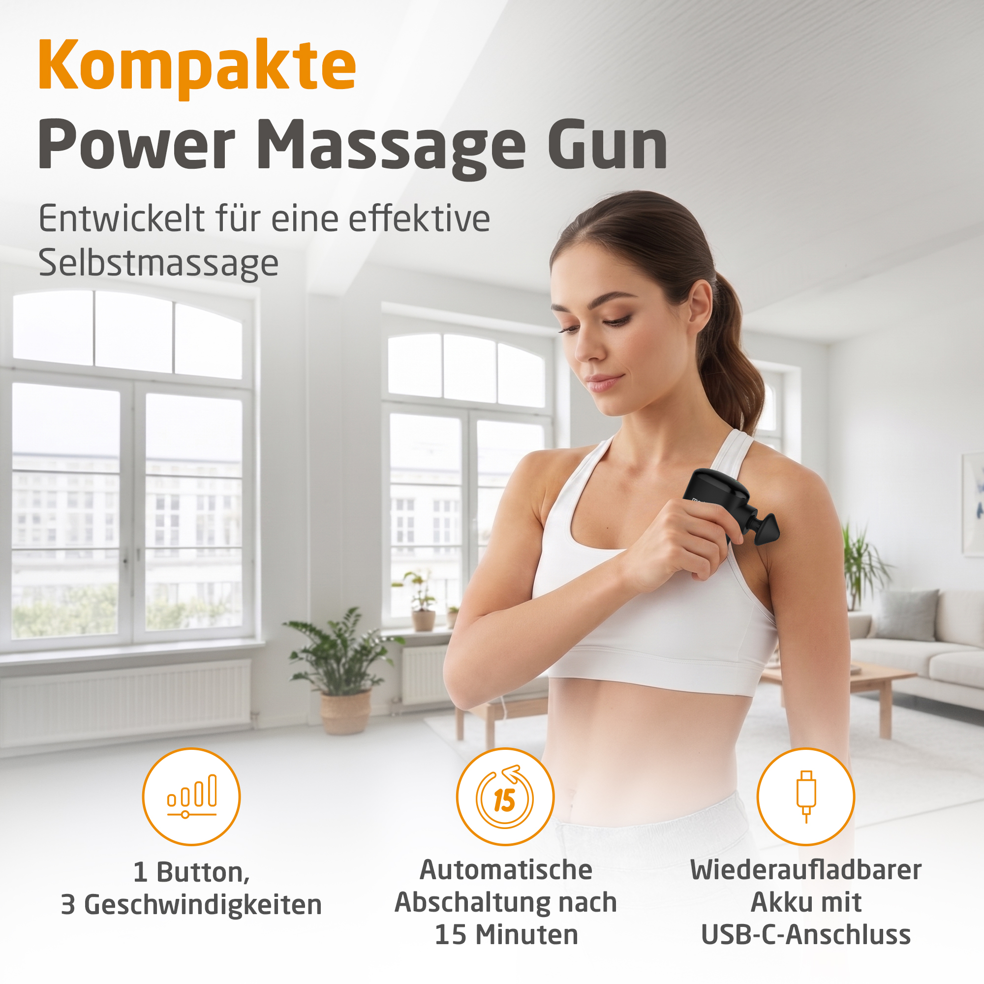 Frau mit Massagepistole im hellen Raum, mit Text über Funktionen.