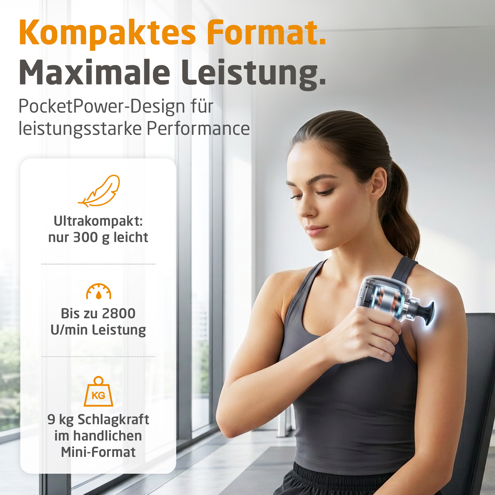 Frau benutzt eine Massagepistole, die 300g wiegt und 2800 U/min leistet.