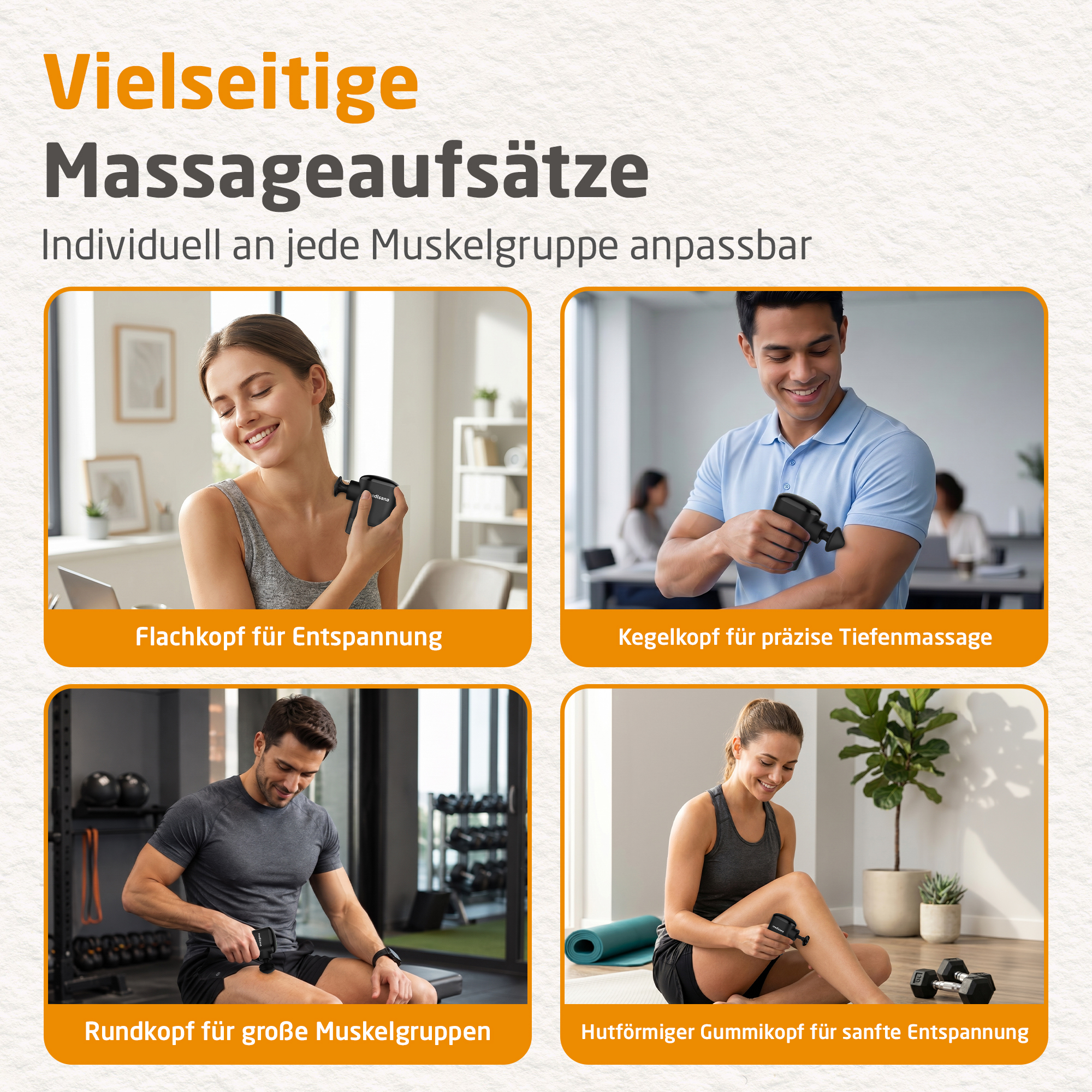 Vier Personen nutzen Massagegeräte für verschiedene Körperteile.