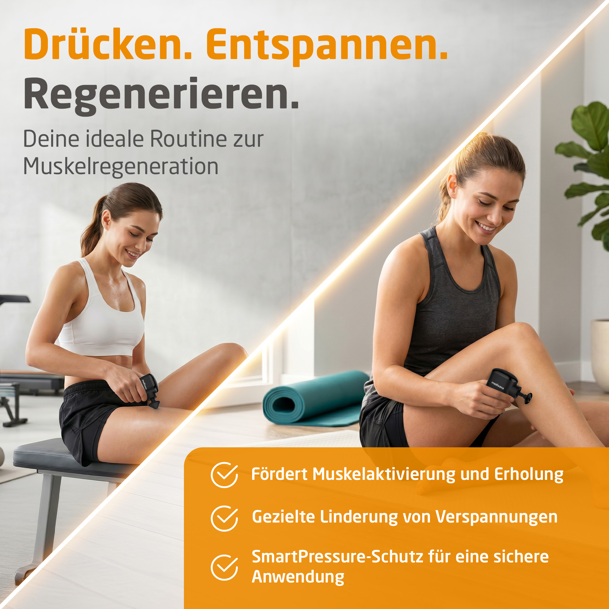 Zwei Frauen nutzen Massagegeräte für die Muskelregeneration, mit Text und Symbolen.