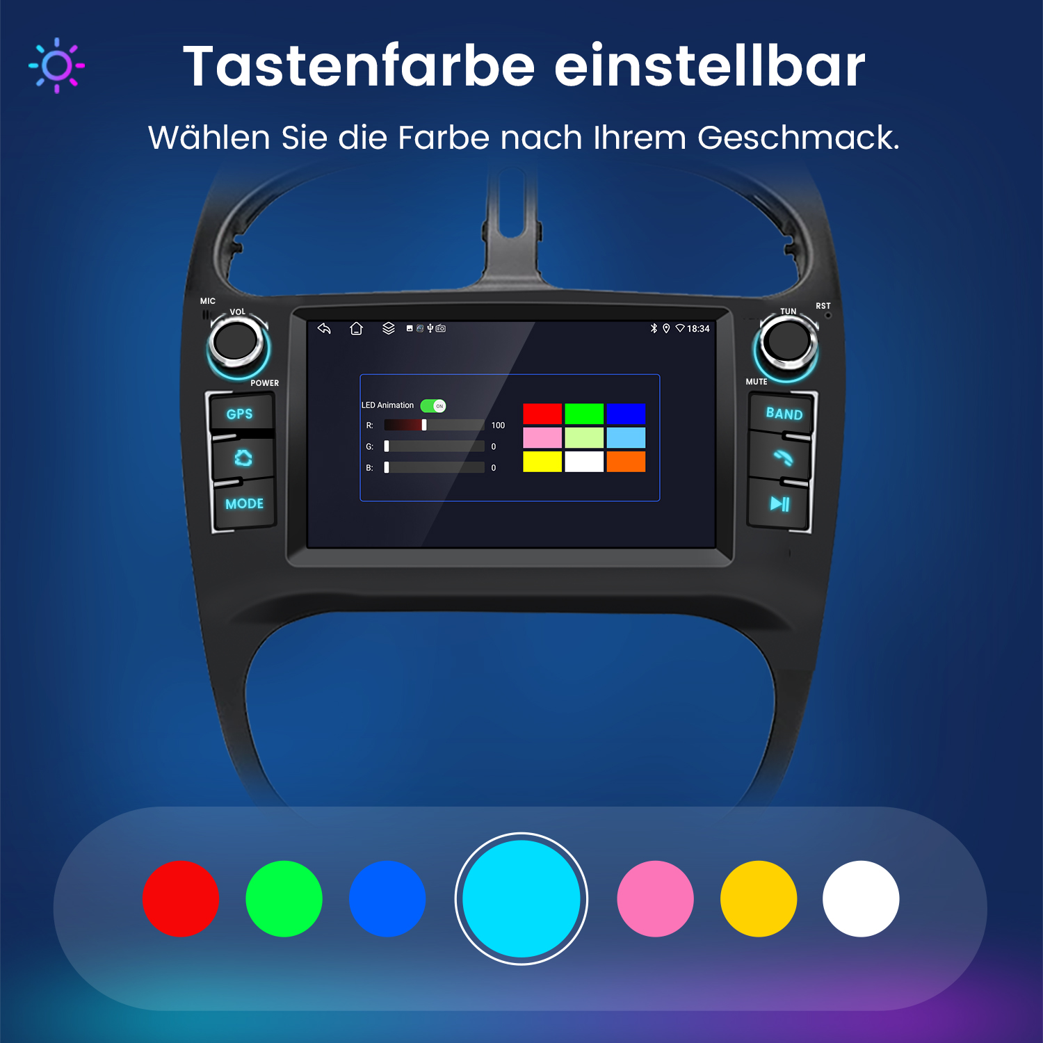 Ein Autoradio-Bildschirm zeigt anpassbare Tastenfarben mit Farboptionen.