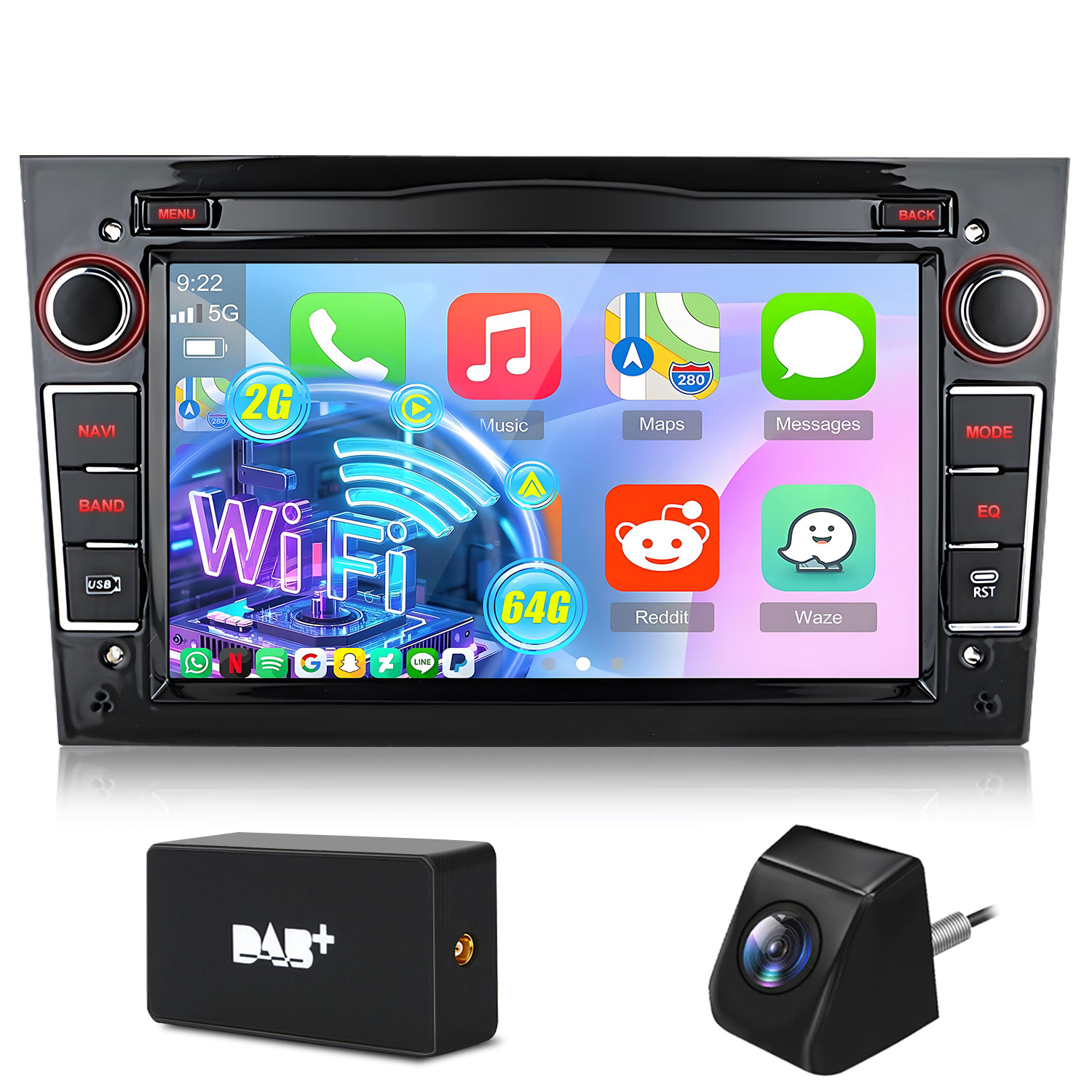 Ein Autoradio mit Touchscreen, DAB+-Box und Rückfahrkamera.