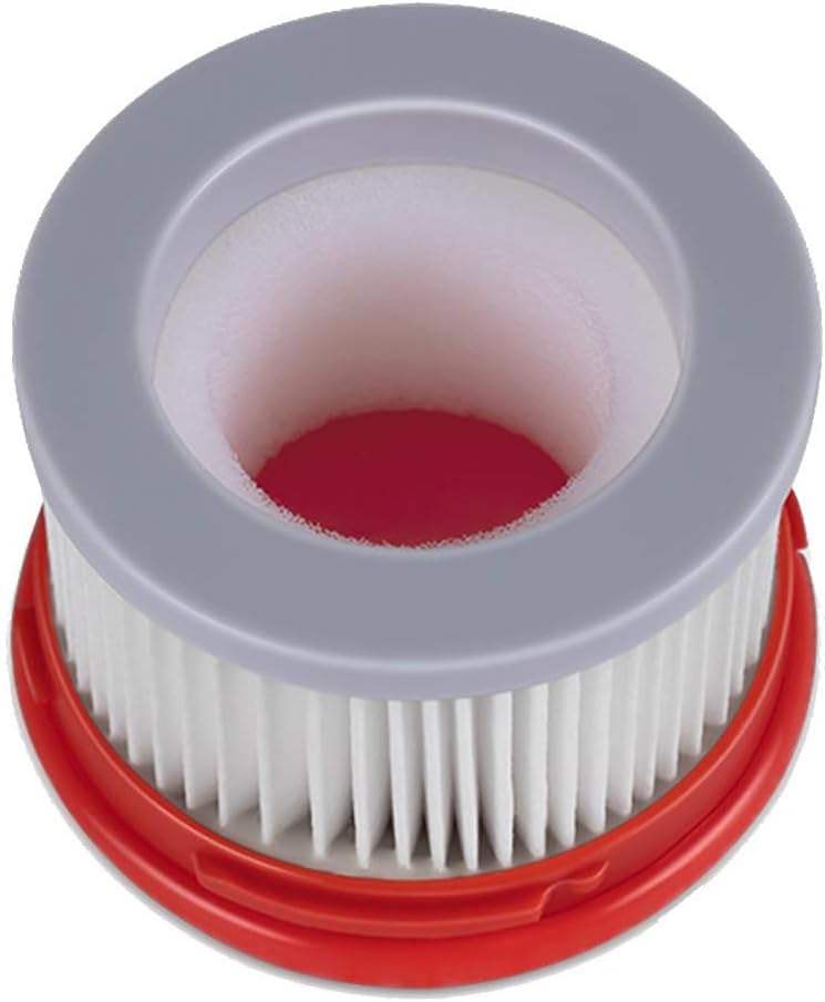 Grauer und roter Staubsaugerfilter mit weißem Papier.
