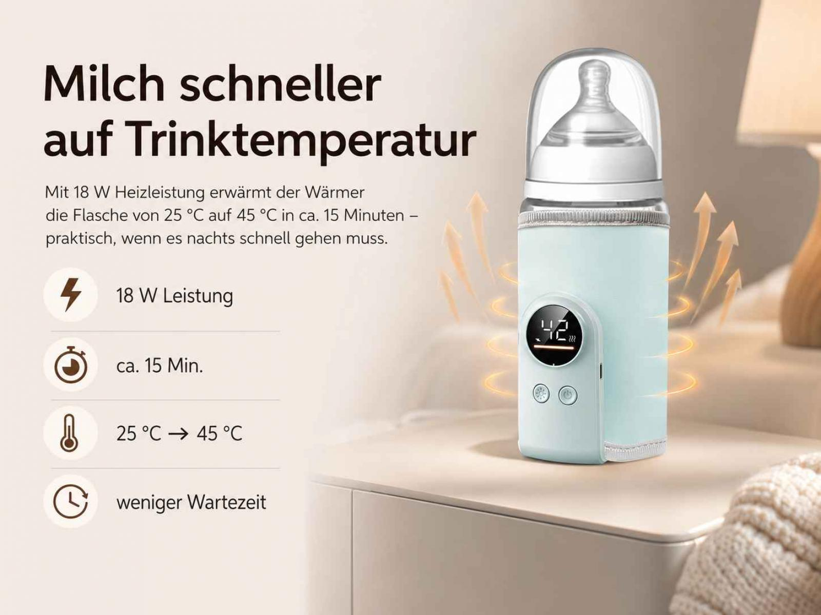 Ein hellblauer Flaschenwärmer mit digitaler Anzeige (42°C) neben einem Babyfläschchen.