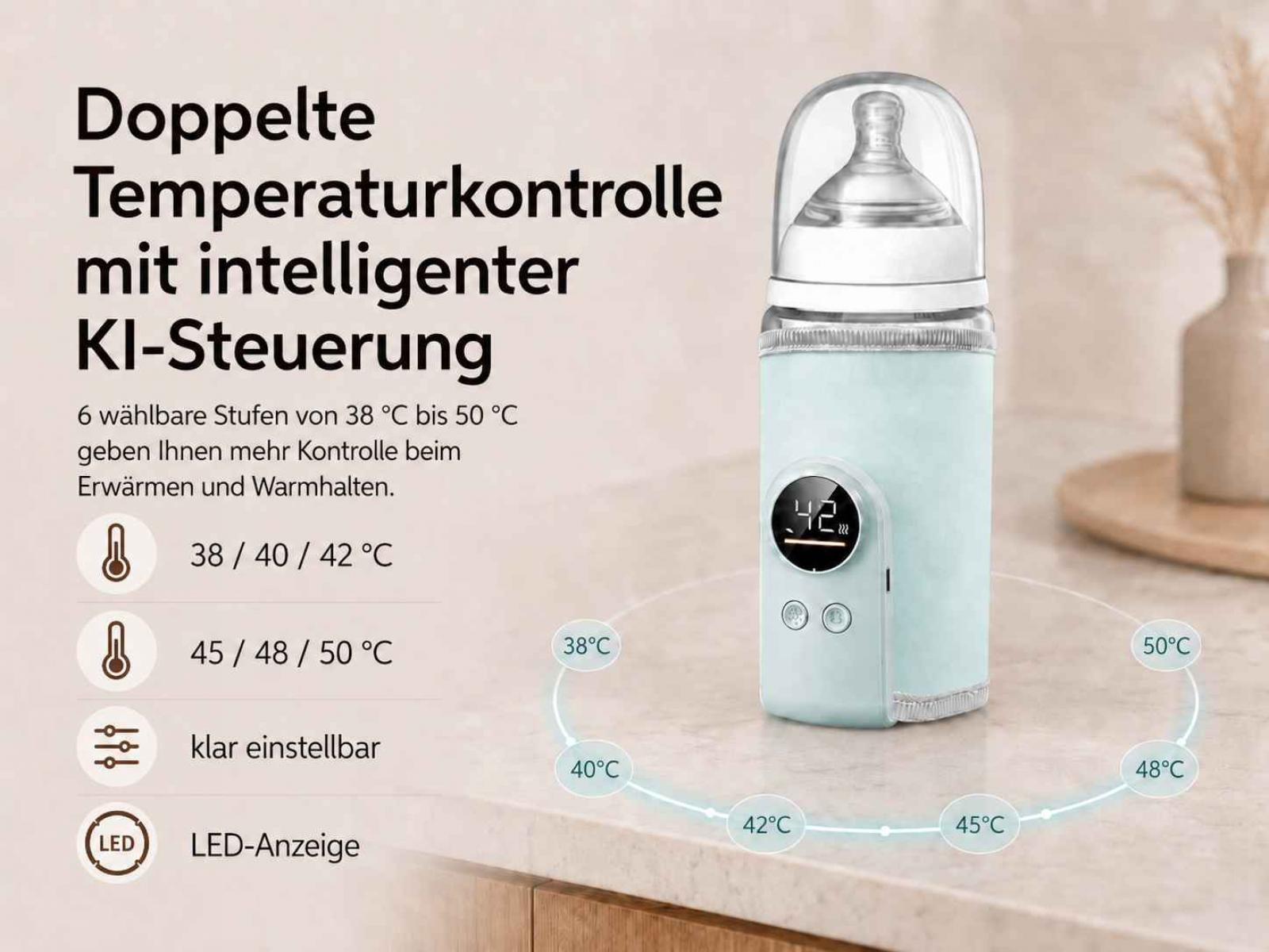 Ein Babyflaschenwärmer mit digitaler Anzeige, der 6 Stufen von 38-50°C bietet.