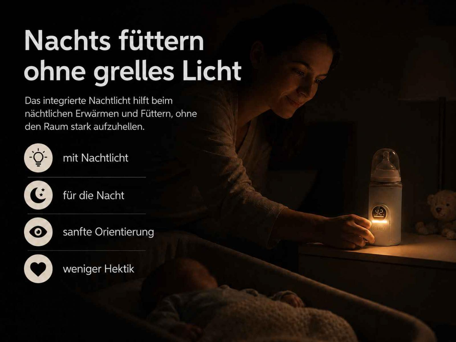 Eine Frau erwärmt eine Babyflasche mit integriertem Nachtlicht neben einem schlafenden Baby.