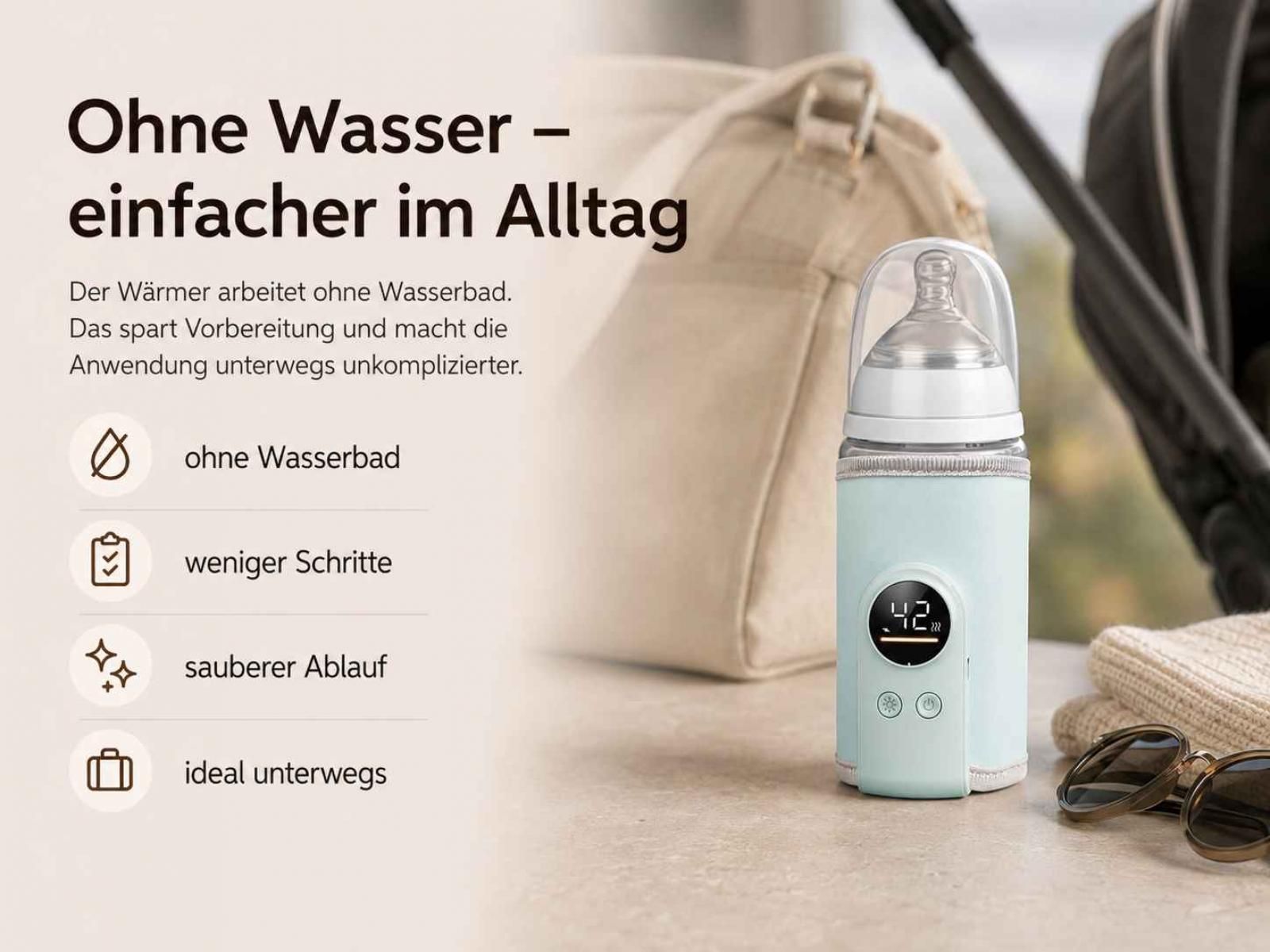 Ein tragbarer Flaschenwärmer ohne Wasserbad zeigt 42°C an, neben einer Tasche und Sonnenbrille.
