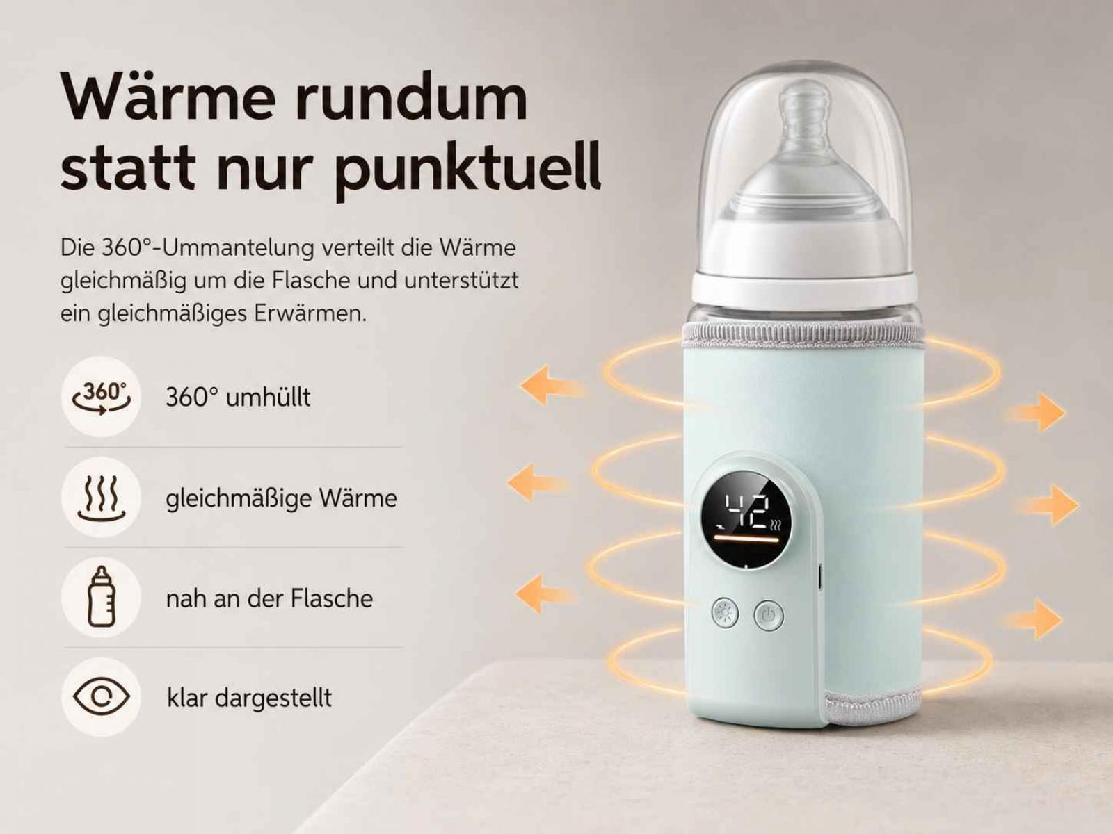 Ein Babyflaschenwärmer mit digitaler Anzeige zeigt 42 Grad an. Pfeile symbolisieren Wärme.