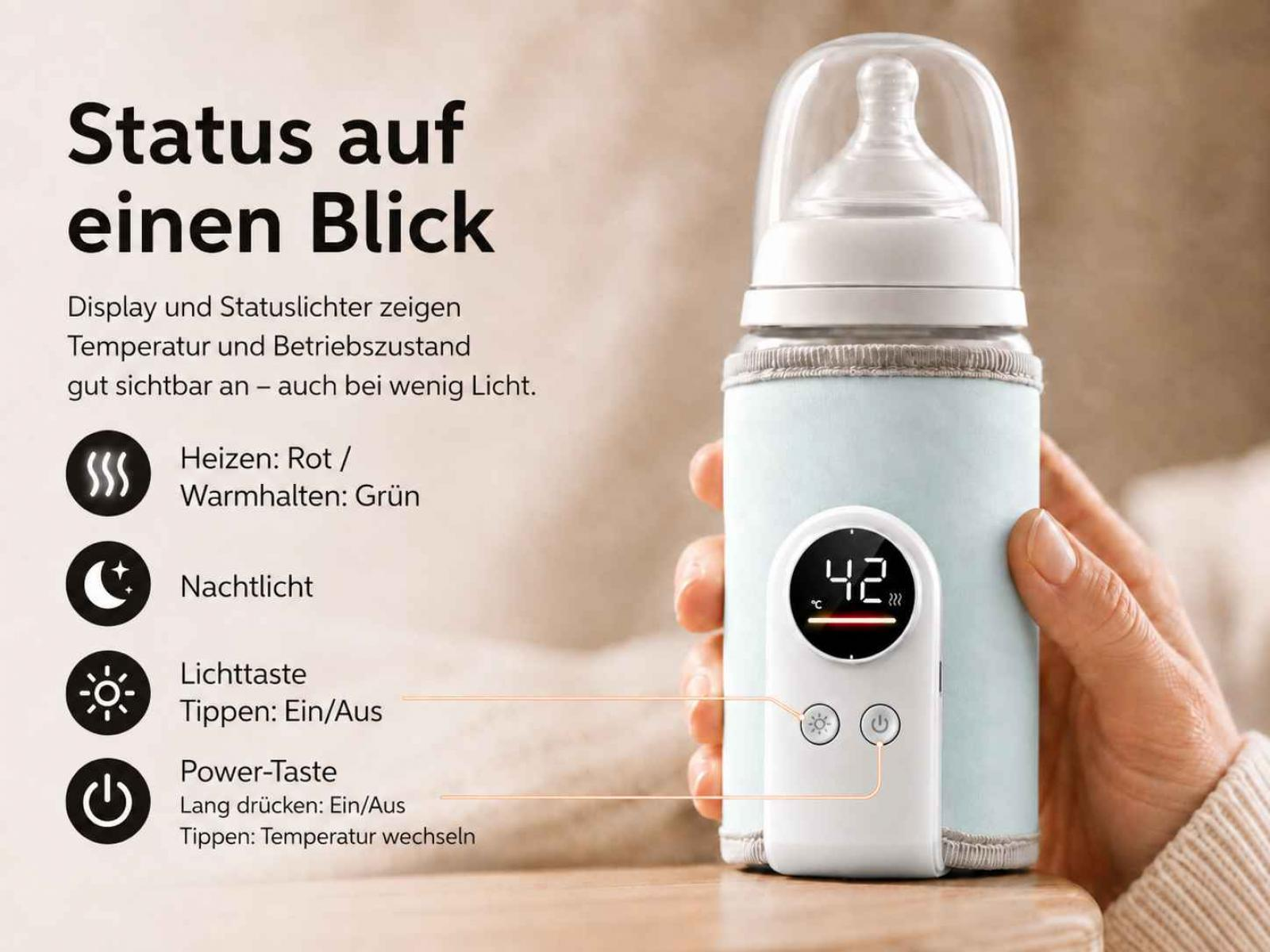 Ein Babyflaschenwärmer mit digitaler Anzeige und Bedienelementen.