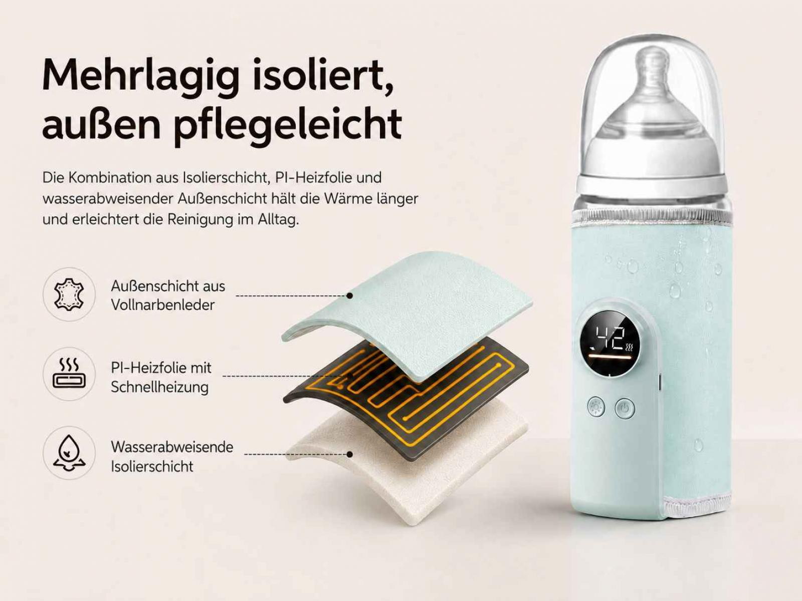 Ein hellblauer Flaschenwärmer mit Digitalanzeige (42°C). Innere Schichten zeigen Isolierung.