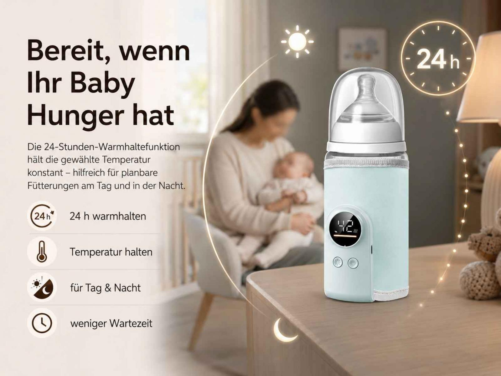 Ein Babyflaschenwärmer mit 24h-Funktion steht auf einem Tisch neben einer Mutter und ihrem Baby.