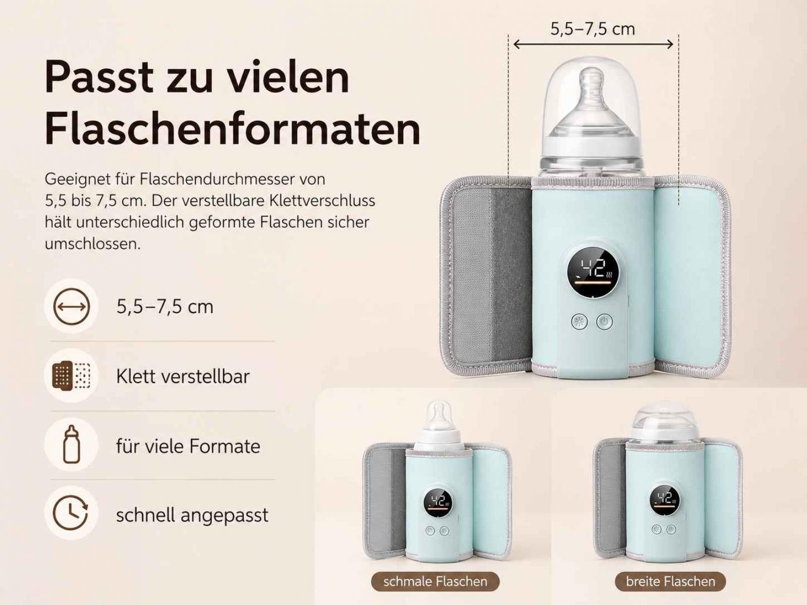 Ein hellblauer Flaschenwärmer mit digitaler Anzeige passt zu Flaschen von 5,5-7,5 cm.