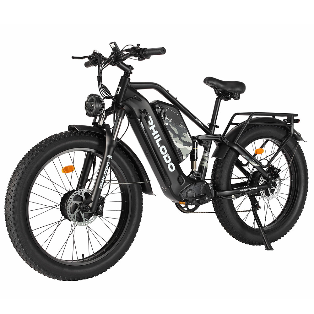 Ein schwarzes Philodo Jumbo E-Fatbike mit Vollfederung und Gepäckträger.