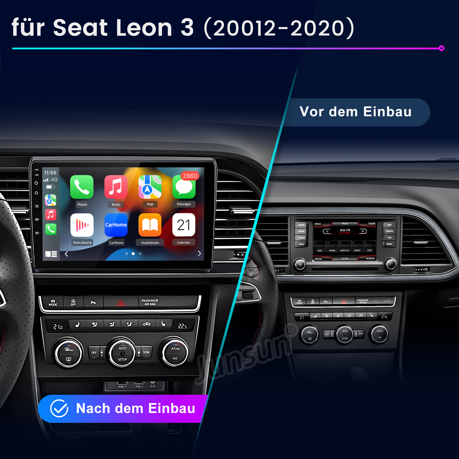 Vergleich von Seat Leon 3 Autoradios vor und nach dem Einbau.