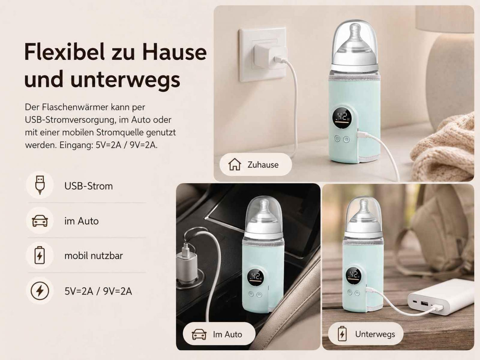 Ein tragbarer Flaschenwärmer wird zu Hause, im Auto und unterwegs gezeigt.