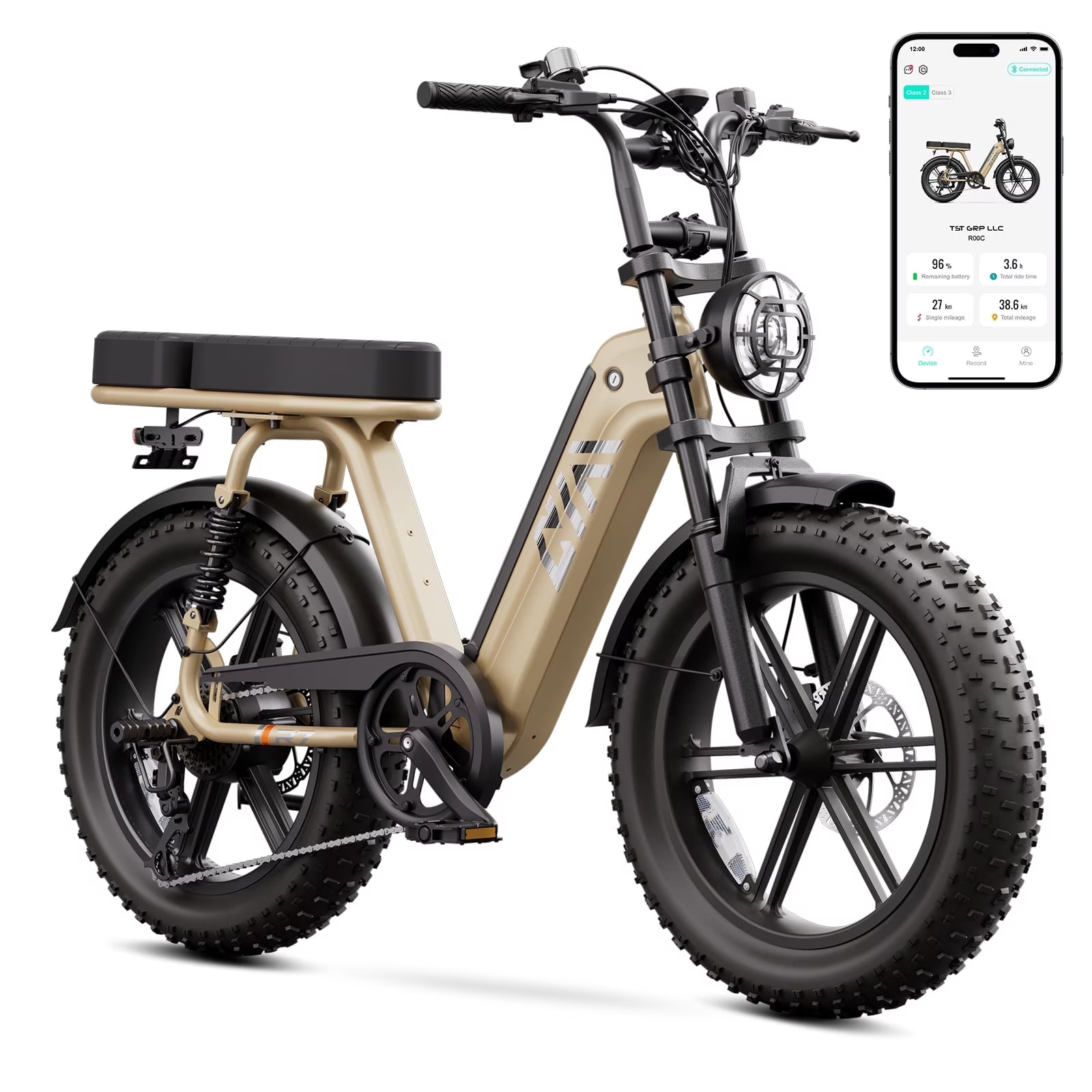 Ein sandfarbenes E-Bike mit breiten Reifen und einem Smartphone-Display daneben.