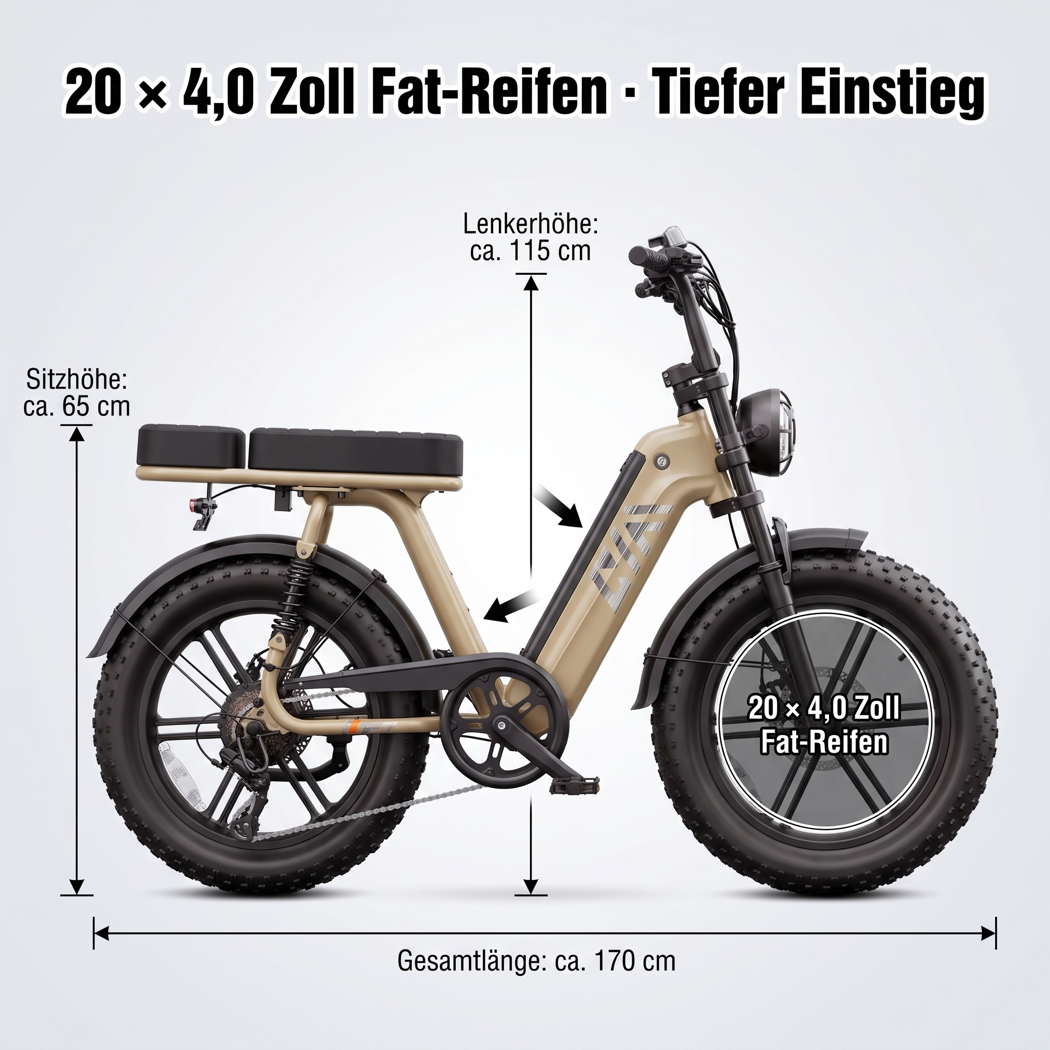 Ein beigefarbenes E-Bike mit fetten Reifen und tiefem Einstieg.