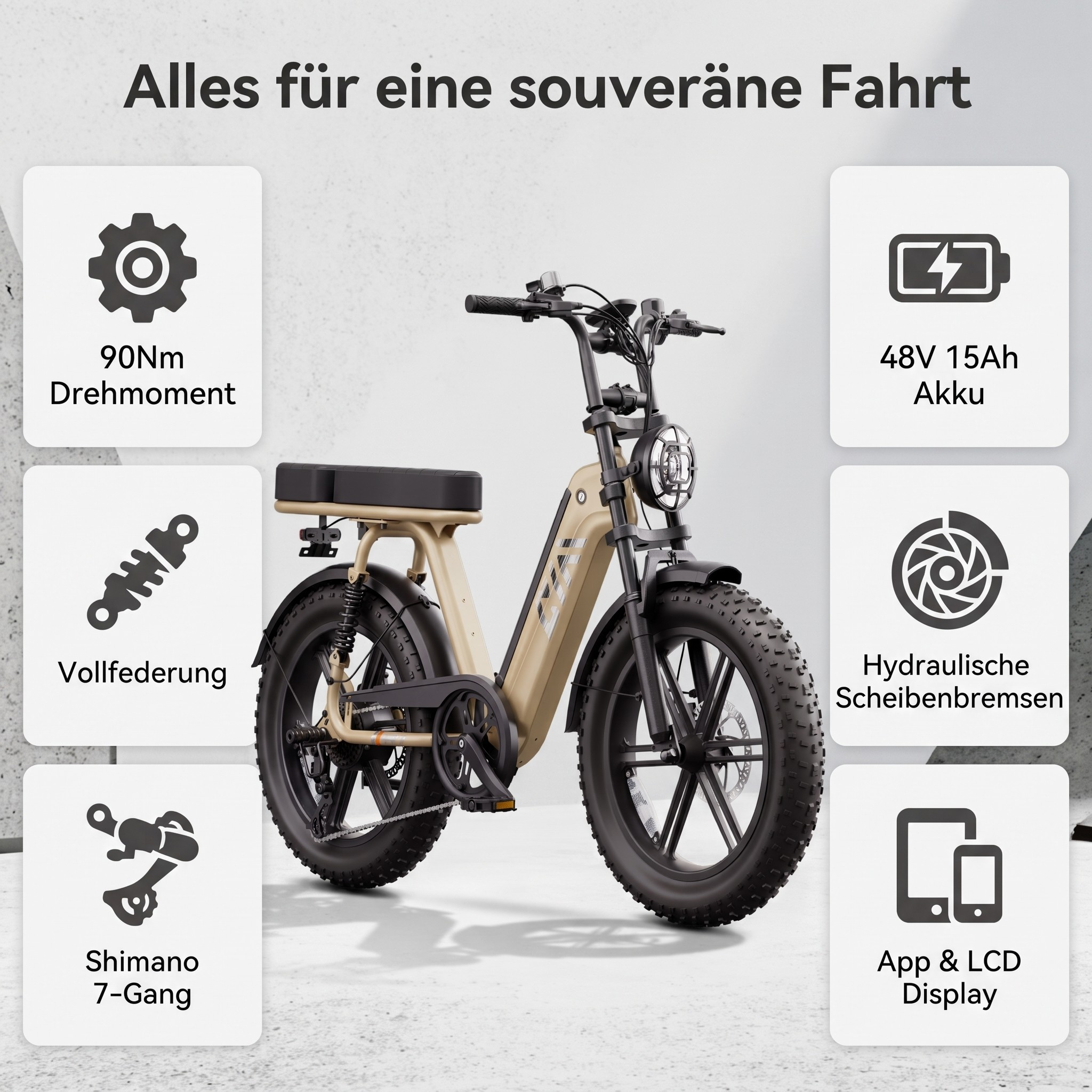 Ein beigefarbenes E-Bike mit fetten Reifen, detaillierten Spezifikationen.