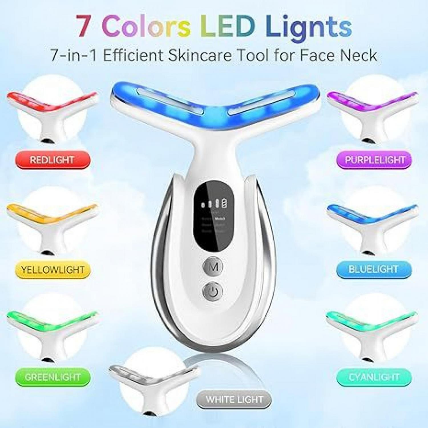 Ein Gesichts- und Nackenpflegegerät mit 7 LED-Farben für 7-in-1-Effizienz.