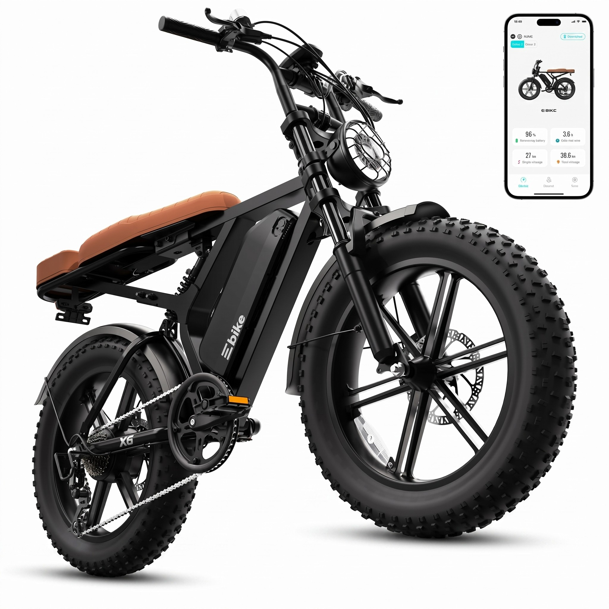 Schwarzes E-Bike mit braunem Sattel, fetten Reifen und einem Smartphone daneben.