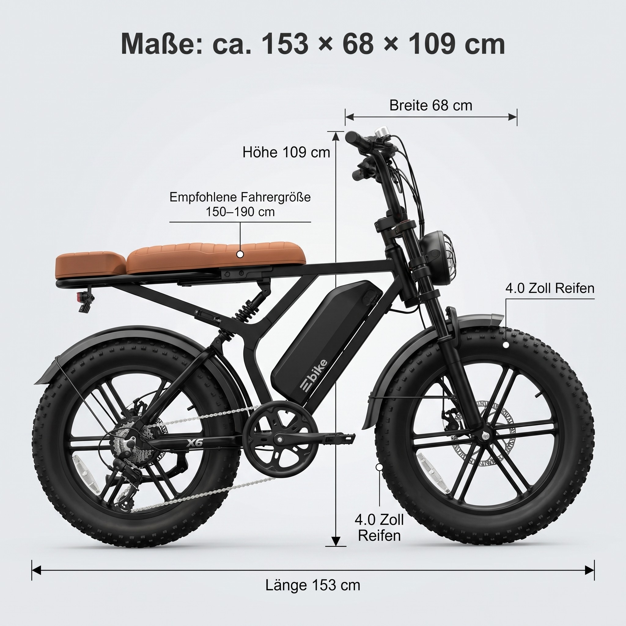 Schwarzes E-Bike mit braunem Sattel, Maße 153x68x109cm. Reifen 4.0 Zoll.