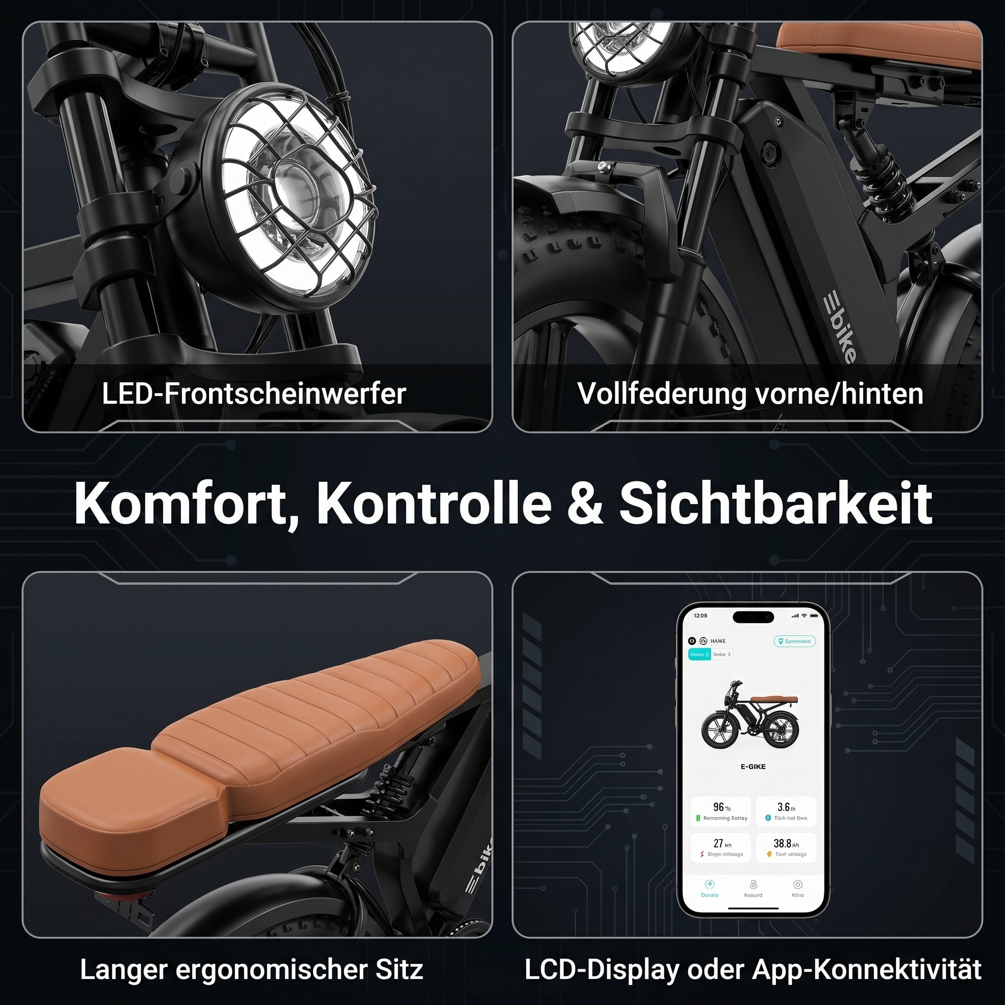 E-Bike-Details: LED-Scheinwerfer, Federung, Sitz und App-Anzeige.