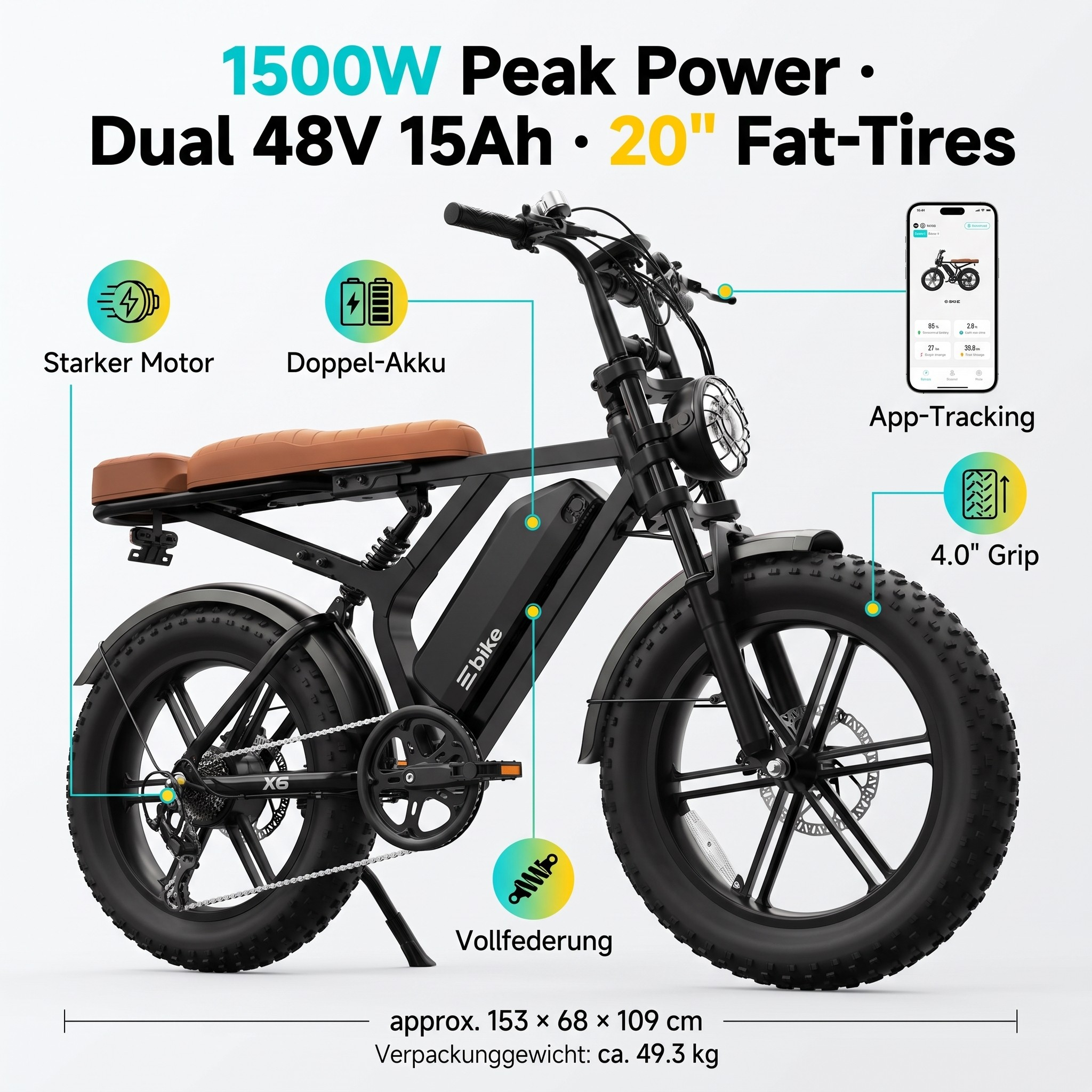 Schwarzes E-Bike mit fetten Reifen, braunem Sattel, App-Anzeige und Spezifikationen.