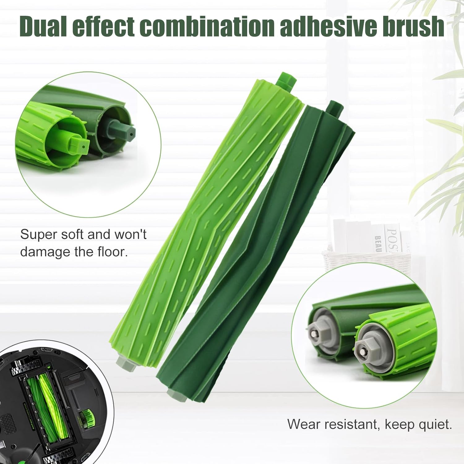 Zwei grüne Bürstenrollen für Staubsauger. Nahaufnahme zeigt Details.