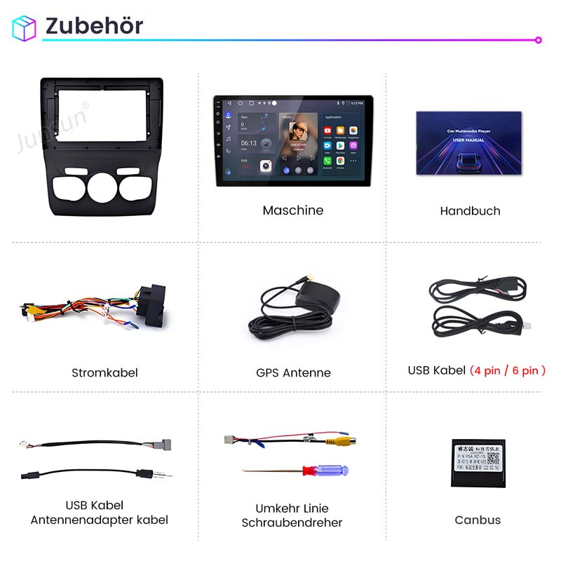 Zubehör: Einbaurahmen, Bildschirm, Handbuch, Kabel, Antenne, Schraubendreher, Canbus.