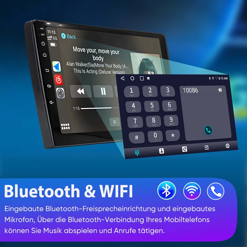 Ein Autoradio mit Touchscreen zeigt Musik und eine Tastatur. Unten steht "Bluetooth & WIFI".
