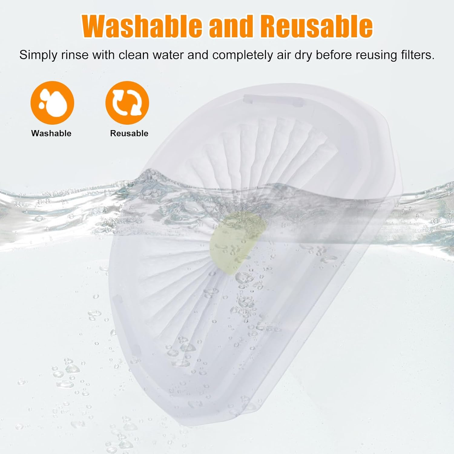 Weißer Filter wird in Wasser gespült. Symbole zeigen waschbar und wiederverwendbar.