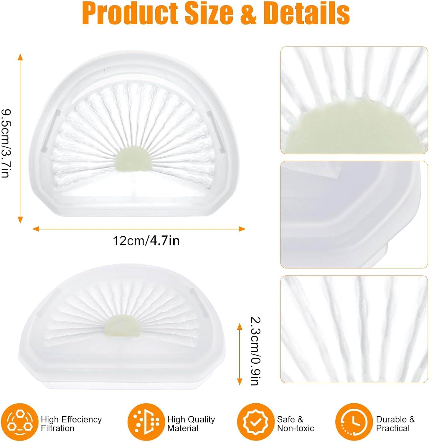 Produktdetails: Weißer Filter, 12cm breit, 9.5cm hoch. Nahaufnahmen zeigen Textur.