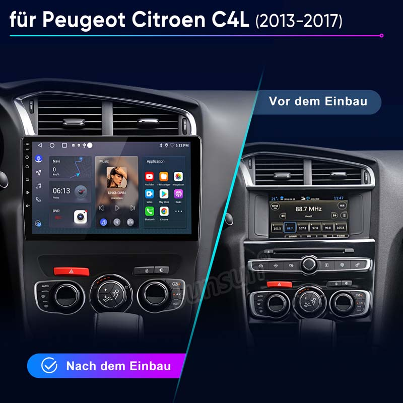 Vorher/Nachher Vergleich eines Auto-Infotainment-Systems für Peugeot Citroen C4L.