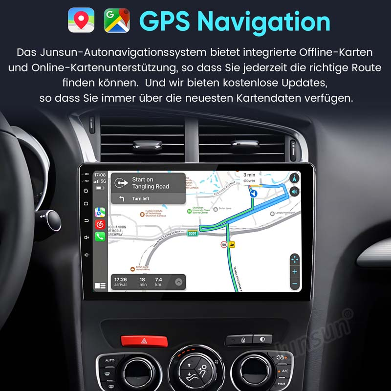 Ein Navigationsbildschirm in einem Auto zeigt eine Karte mit einer Route.