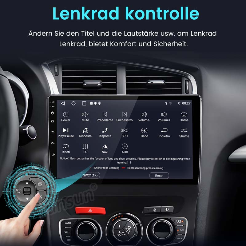 Ein Finger bedient ein Autoradio-Touchscreen-Menü mit Lenkradsymbolen.