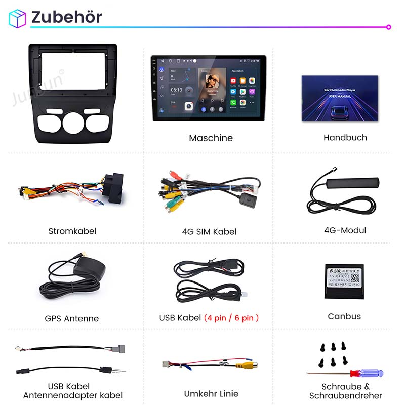 Zubehör für Autoradios: Einbaurahmen, Display, Handbuch, Kabel, Antennen und Schrauben.