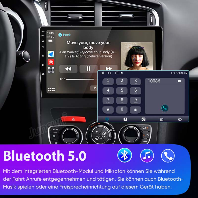 Ein Auto-Infotainment-Bildschirm zeigt Musikwiedergabe und ein Ziffernfeld für Anrufe.