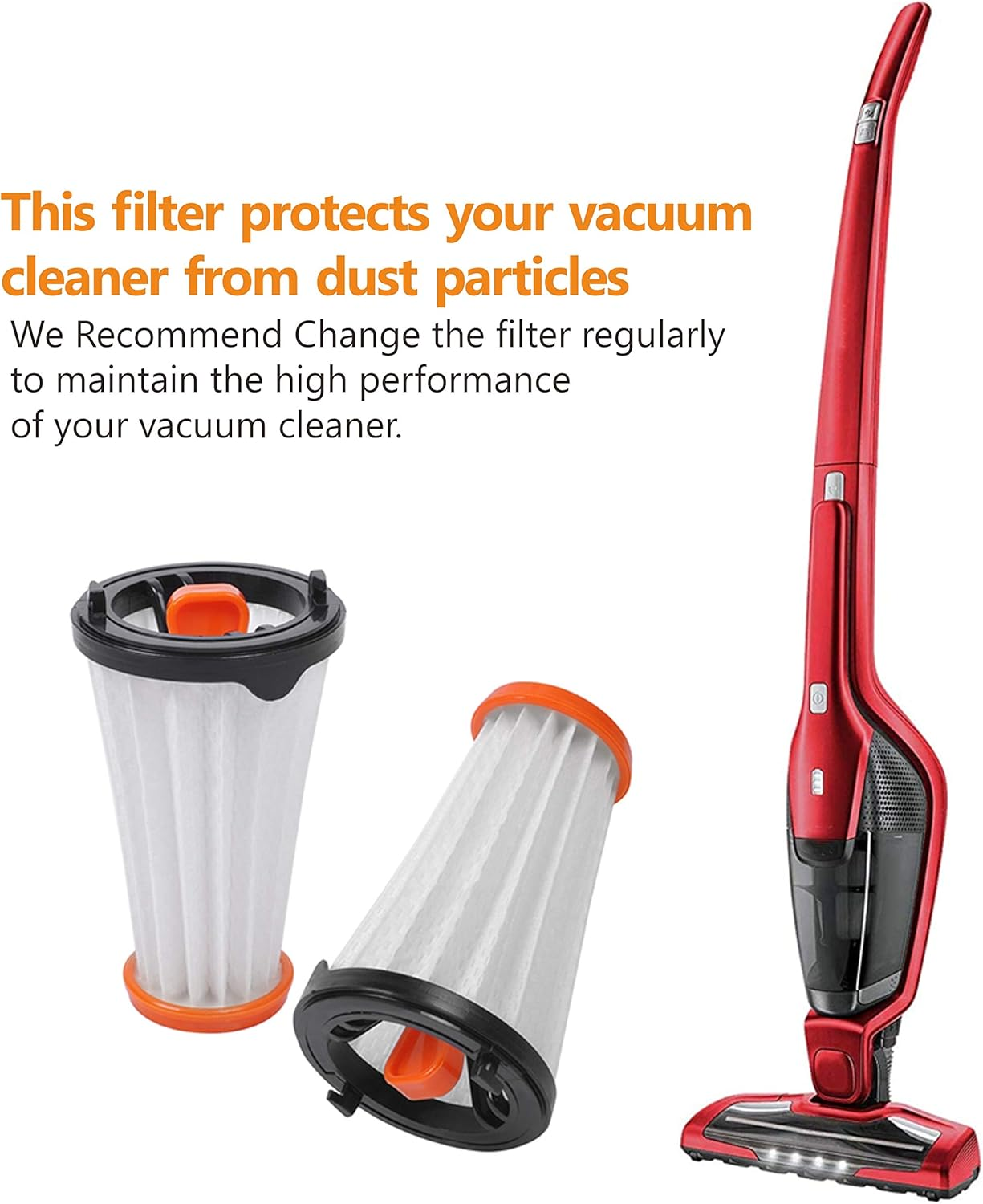 Ein roter Staubsauger und zwei weiße Filter mit orangen Akzenten.