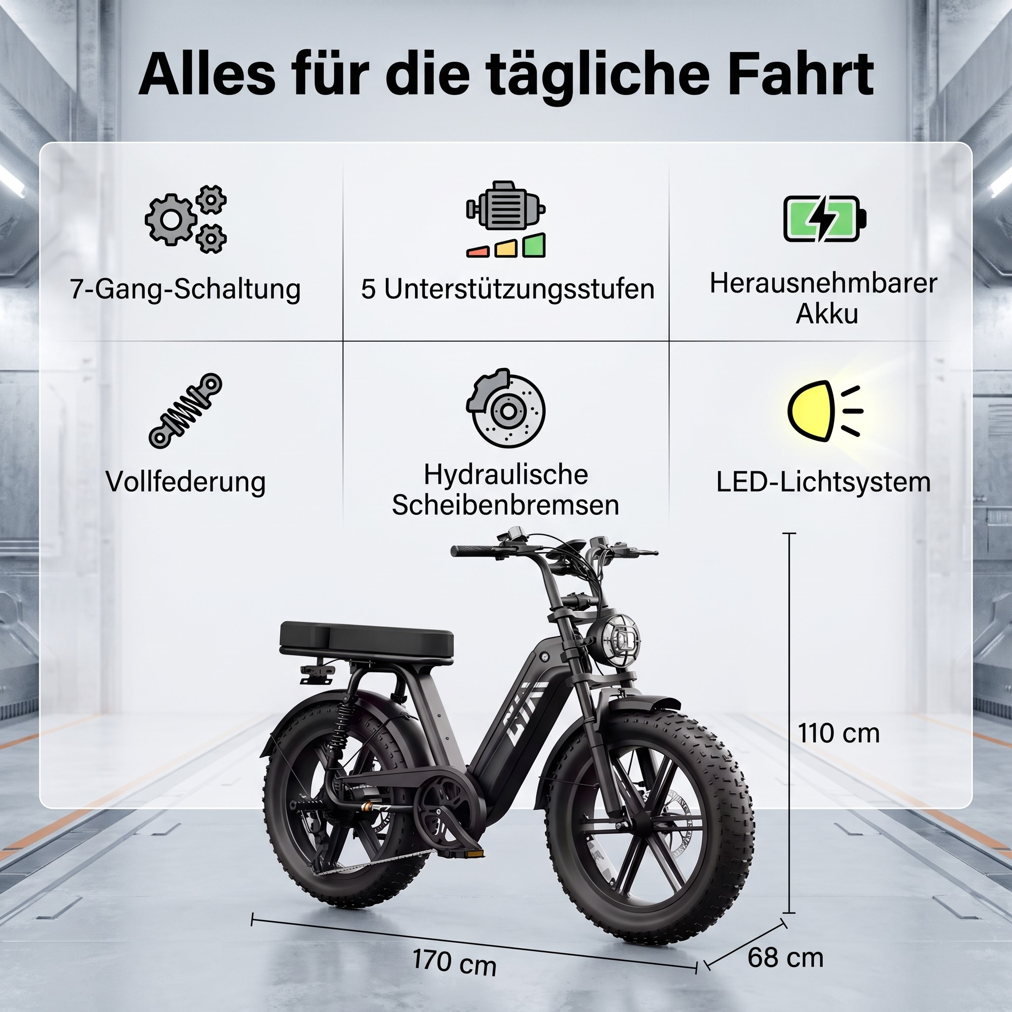 Ein schwarzes E-Bike mit 7-Gang-Schaltung, 5 Unterstützungsstufen, Vollfederung, Scheibenbremsen.